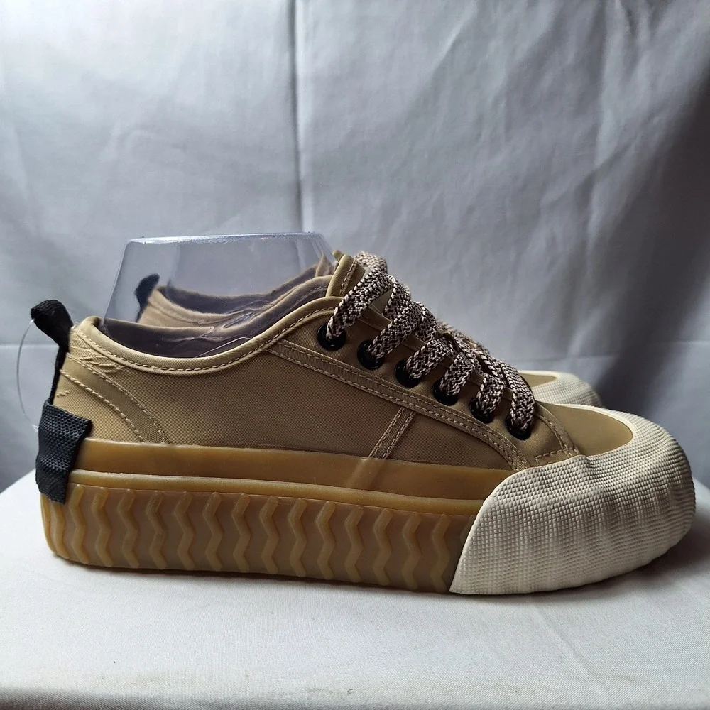 ZARA Toecap Trainer Sneaker Womens Sz 6 Beige Canvas Platform Stackform Gum Sole